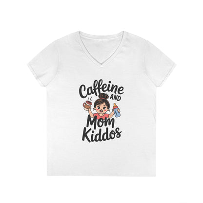 Caffeine and Mom Kiddos Life V-Neck T-Shirt for Busy Moms | TEEZOCA 