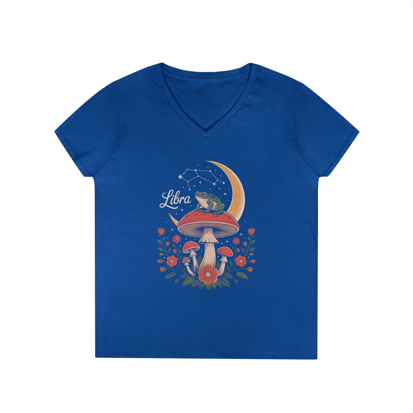 Libra Zodiac Frog Moon Mystic Art Aesthetic V-Neck T-Shirt for Women | TEEZOCA 