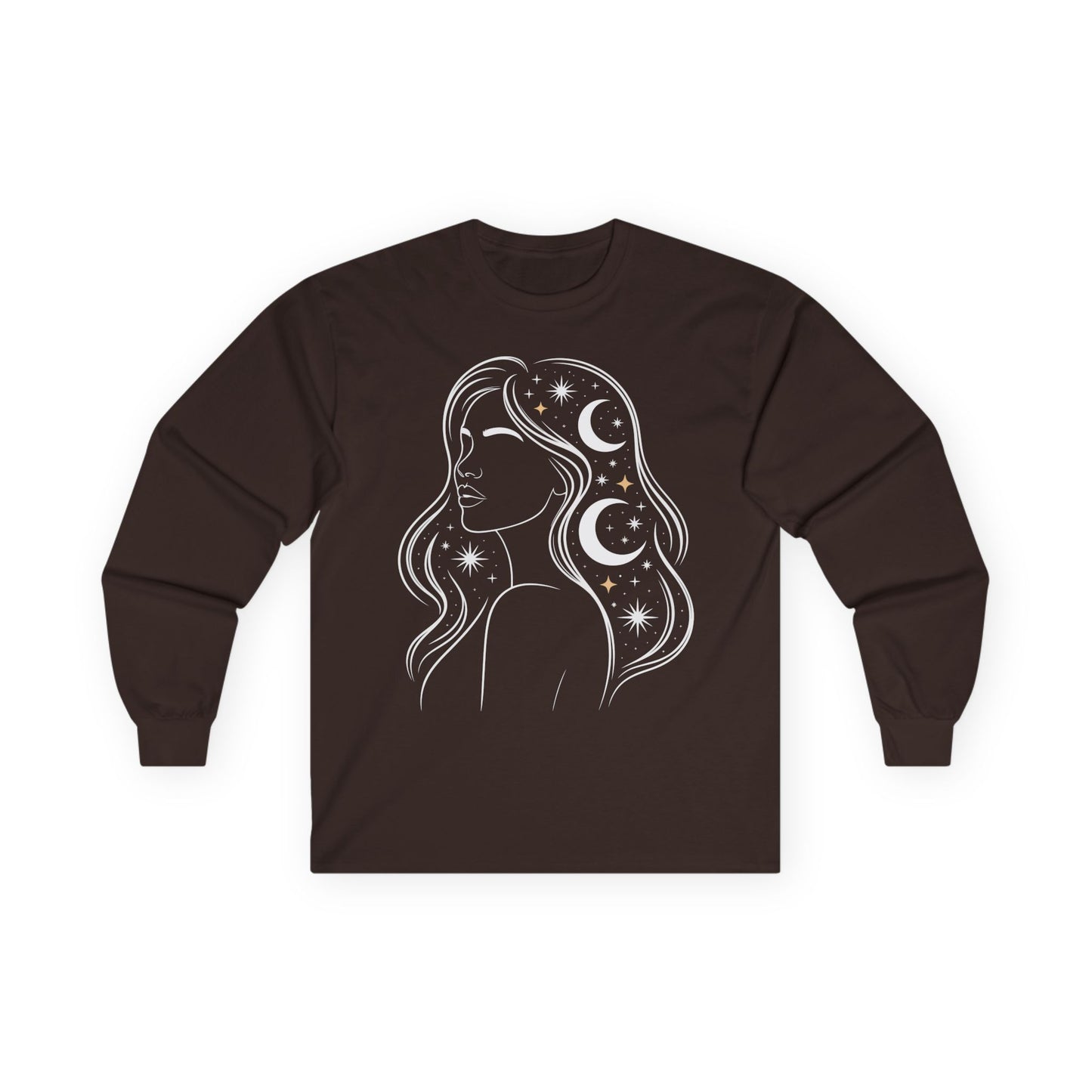 TEEZOCA moon and star hair design on unisex long-sleeve t-shirt Brown long-sleeve shirt with a graphic of a woman's silhouette with celestial design on a white background