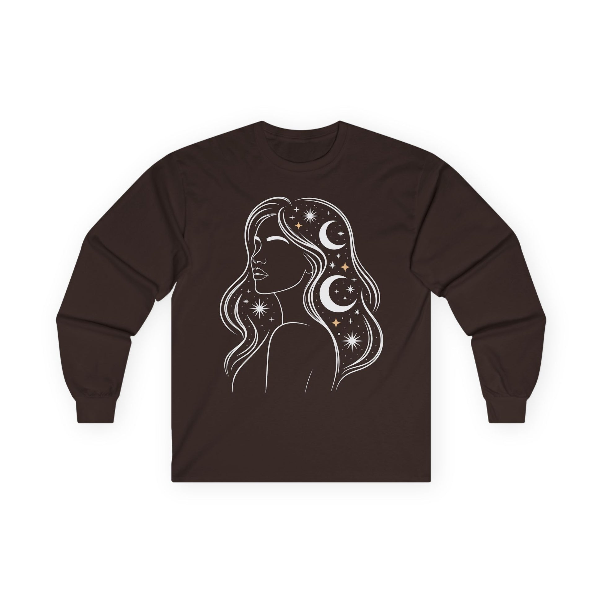 TEEZOCA moon and star hair design on unisex long-sleeve t-shirt Brown long-sleeve shirt with a graphic of a woman's silhouette with celestial design on a white background