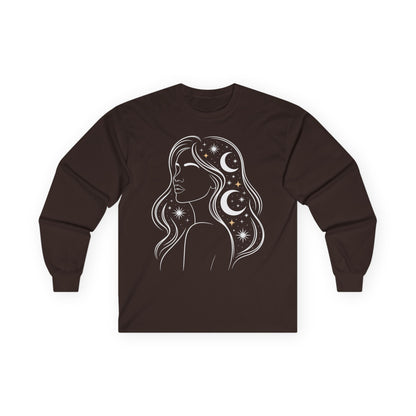 TEEZOCA moon and star hair design on unisex long-sleeve t-shirt Brown long-sleeve shirt with a graphic of a woman's silhouette with celestial design on a white background