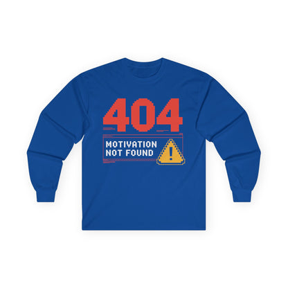 TEEZOCA motivation joke unisex long-sleeve shirt Blue long-sleeve shirt with 404 Motivation Not Found text on a white background
