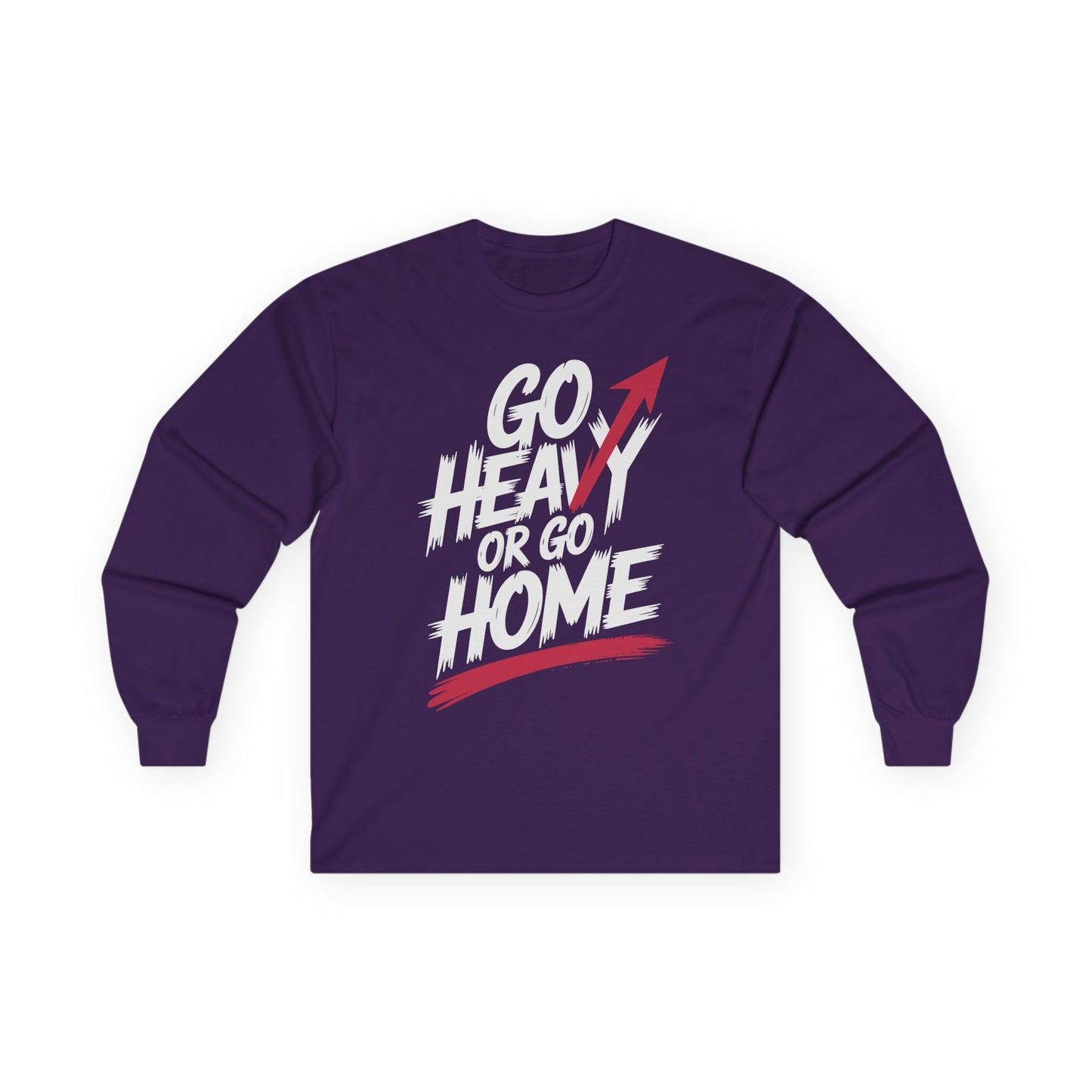 TEEZOCA motivational arrow design unisex long-sleeve shirt Purple long-sleeve shirt with 'Go Heavy or Go Home' text on a white background