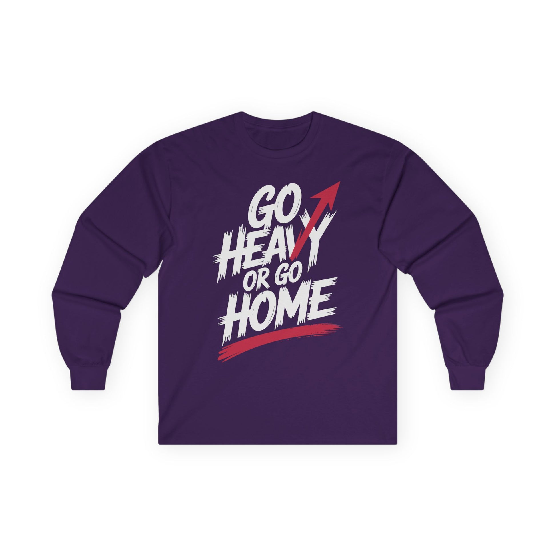 TEEZOCA motivational arrow design unisex long-sleeve shirt Purple long-sleeve shirt with 'Go Heavy or Go Home' text on a white background