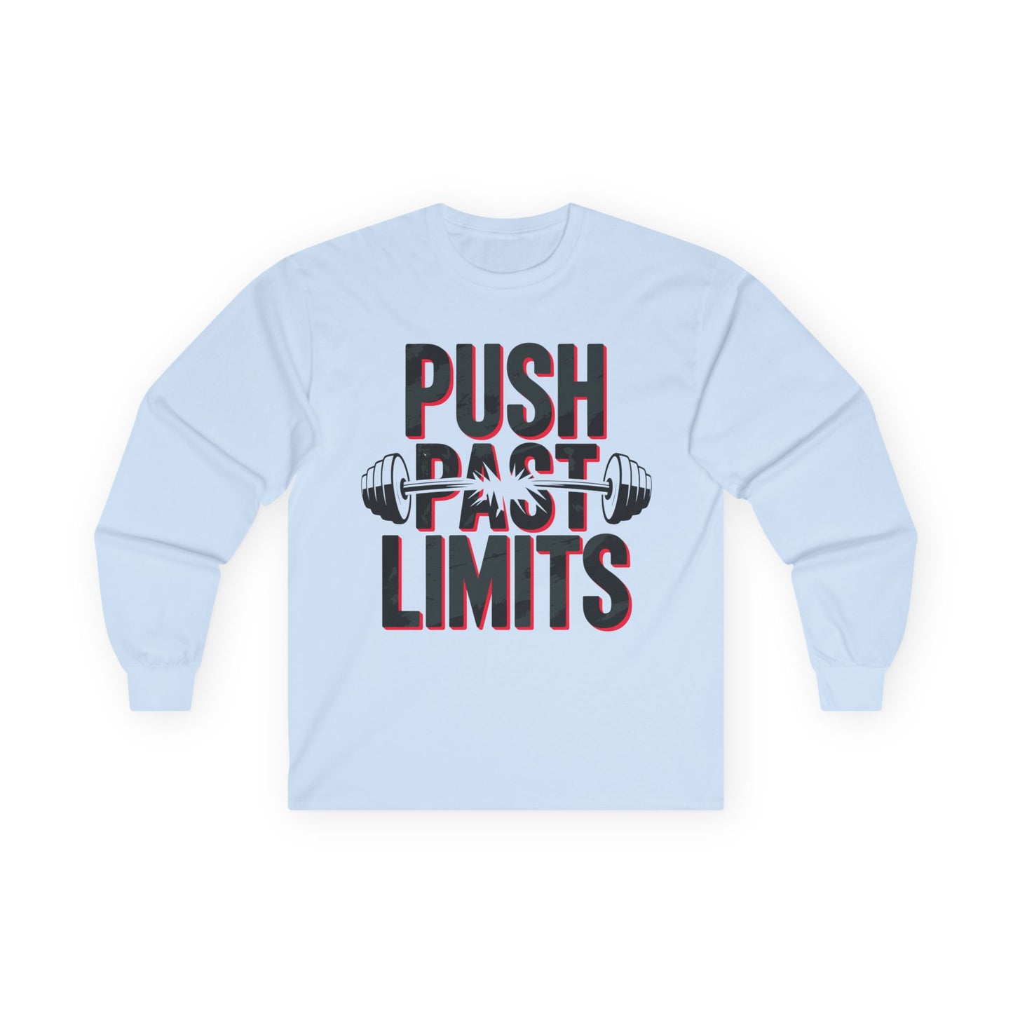 TEEZOCA motivational fitness barbell unisex long-sleeve shirt Light blue sweatshirt with 'Push Past Limits' text and barbell graphic on a white background