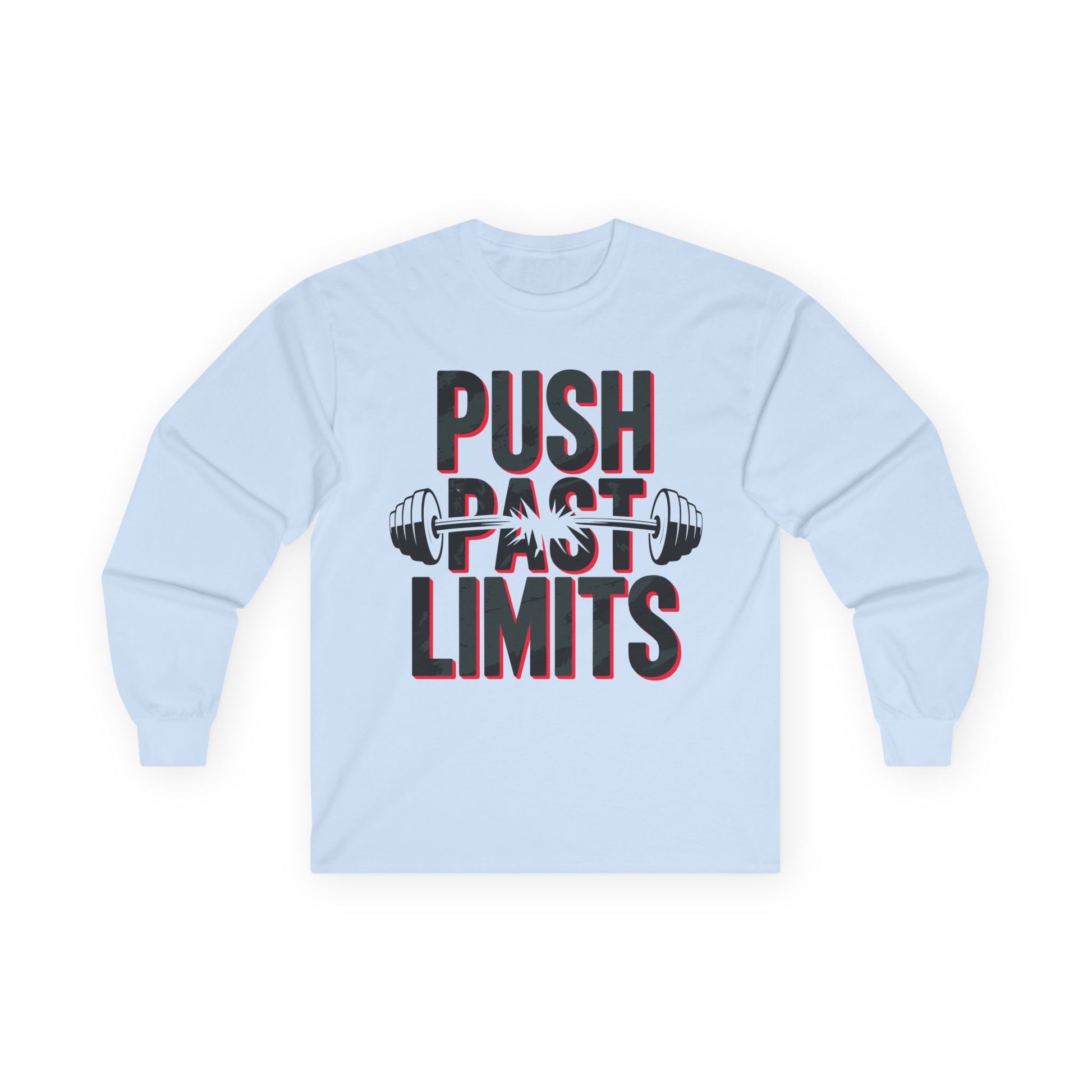 TEEZOCA motivational fitness barbell unisex long-sleeve shirt Light blue sweatshirt with 'Push Past Limits' text and barbell graphic on a white background