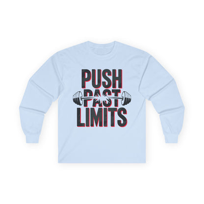 TEEZOCA motivational fitness barbell unisex long-sleeve shirt Light blue sweatshirt with 'Push Past Limits' text and barbell graphic on a white background