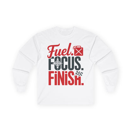 TEEZOCA motivational focus typography unisex long-sleeve White sweatshirt with motivational text 'Fuel. Focus. Finish.' on a white background