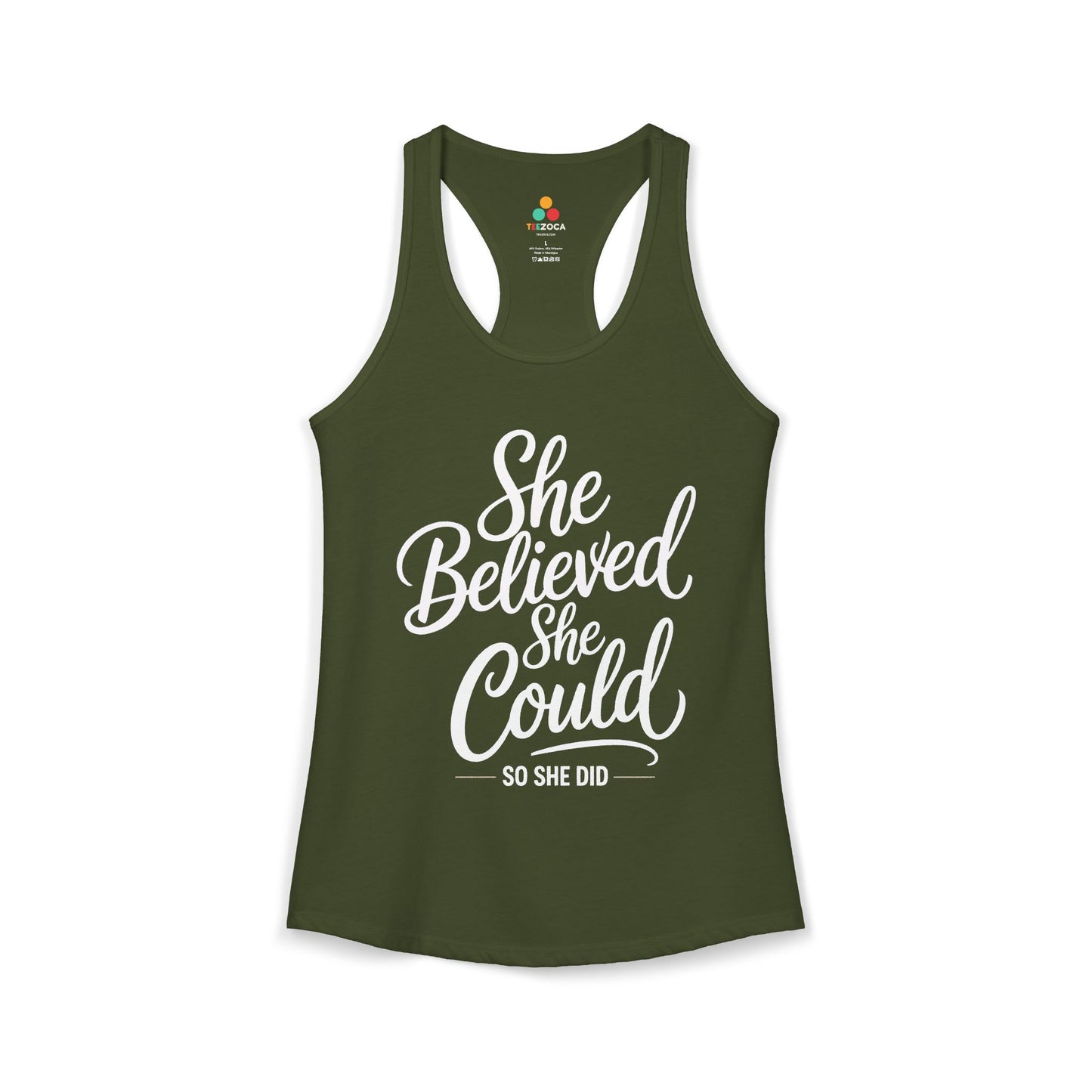 TEEZOCA motivational women’s tank top with empowering handwritten text Green tank top with 'She Believed She Could, So She Did' text on a white background