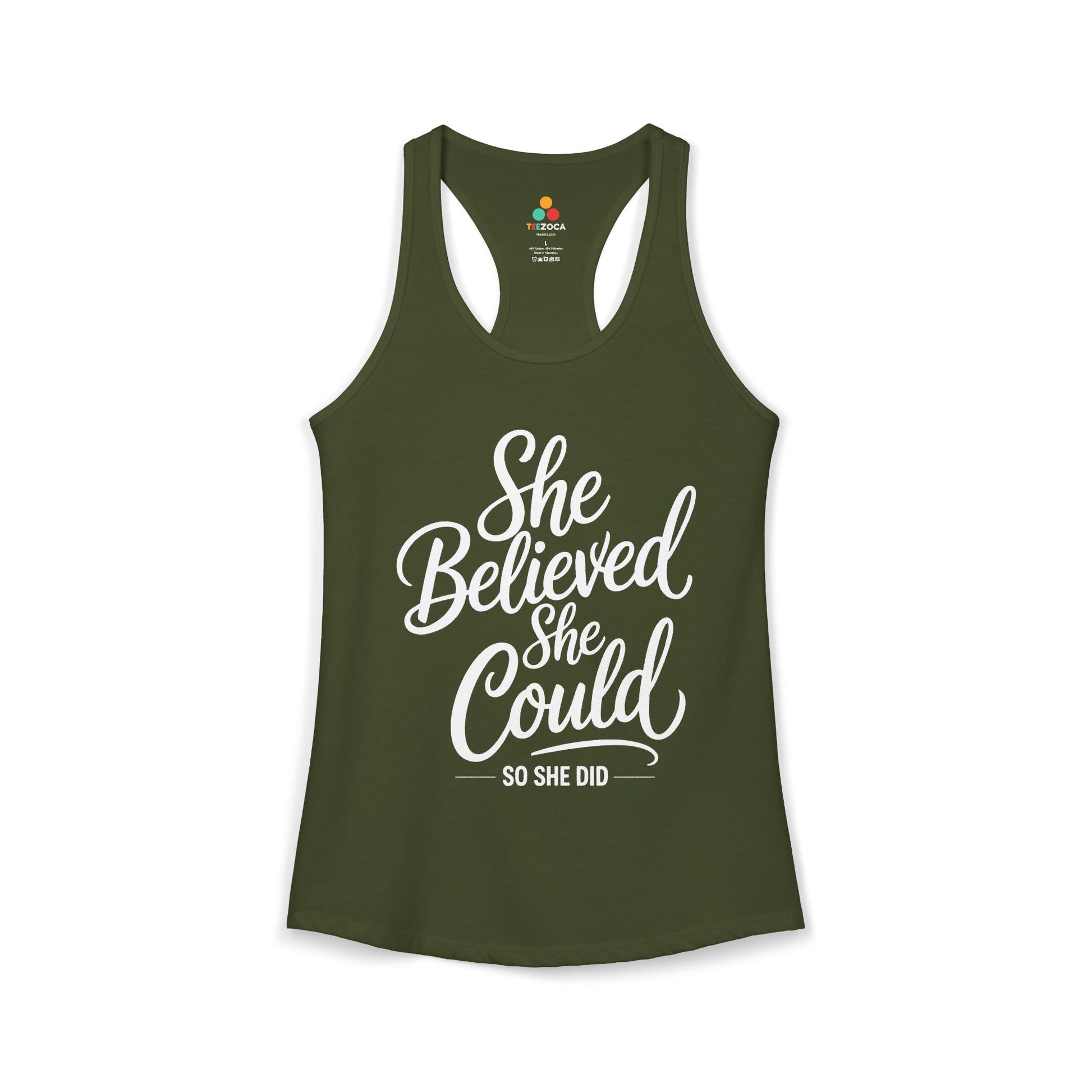 TEEZOCA motivational women’s tank top with empowering handwritten text Green tank top with 'She Believed She Could, So She Did' text on a white background
