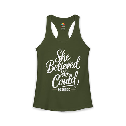 TEEZOCA motivational women’s tank top with empowering handwritten text Green tank top with 'She Believed She Could, So She Did' text on a white background