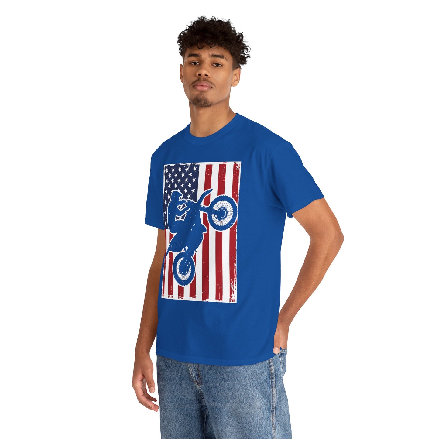 TEEZOCA motocross shirt T-shirt with distressed American flag background and white dirt bike rider silhouette.
