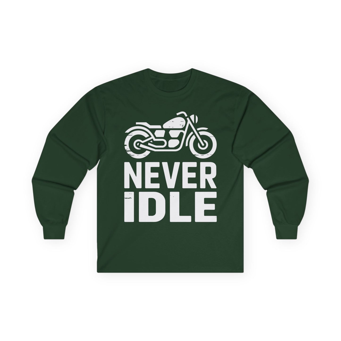 TEEZOCA motorcycle typography never idle long-sleeve tee Green long-sleeve shirt with a motorcycle graphic and 'Never Idle' text on a white background