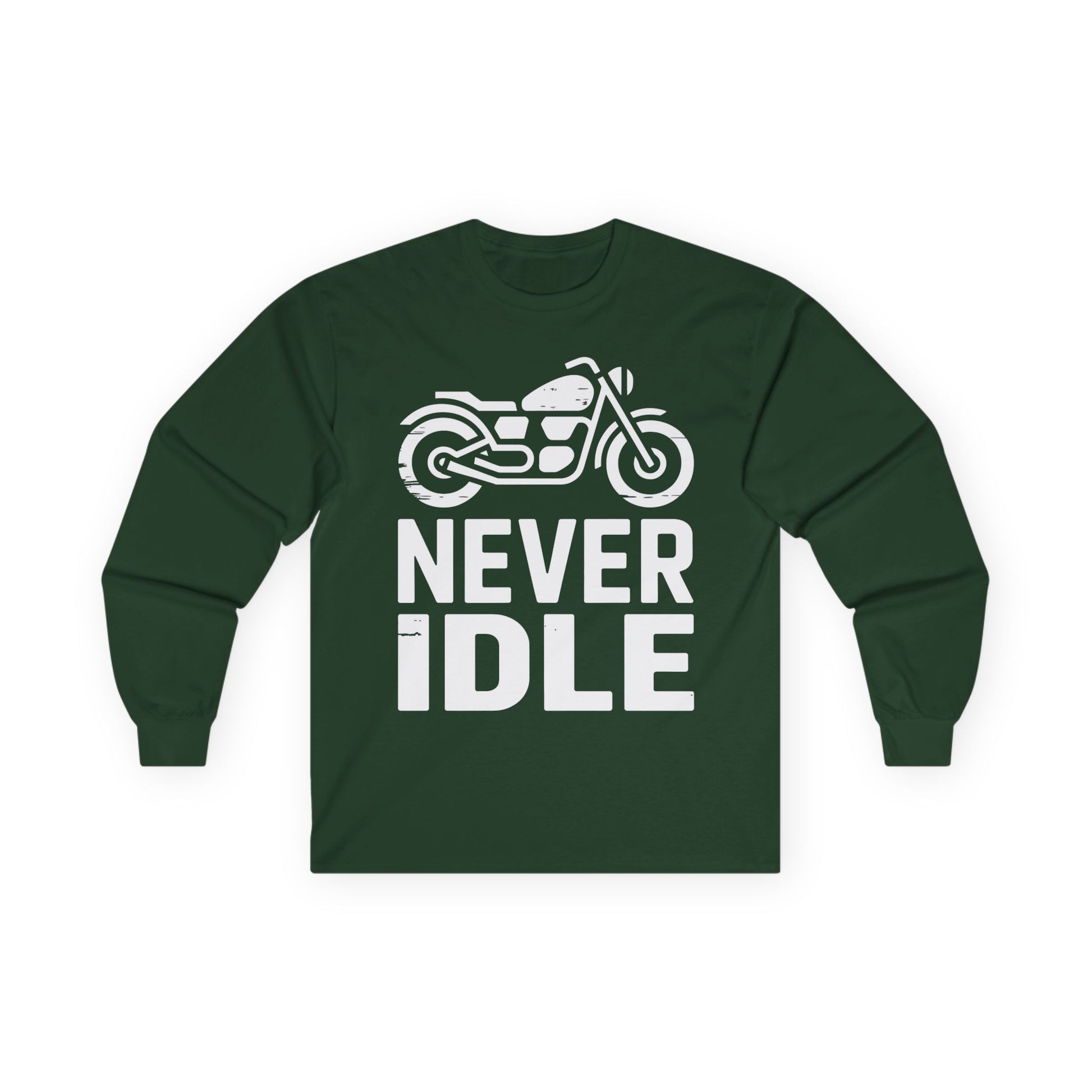 TEEZOCA motorcycle typography never idle long-sleeve tee Green long-sleeve shirt with a motorcycle graphic and 'Never Idle' text on a white background