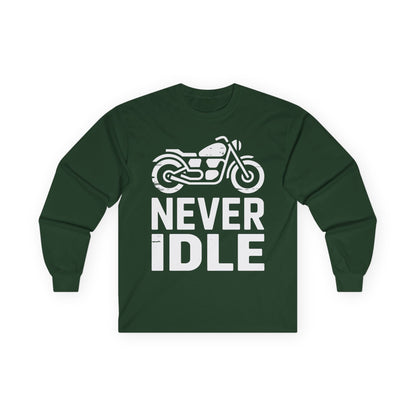 TEEZOCA motorcycle typography never idle long-sleeve tee Green long-sleeve shirt with a motorcycle graphic and 'Never Idle' text on a white background
