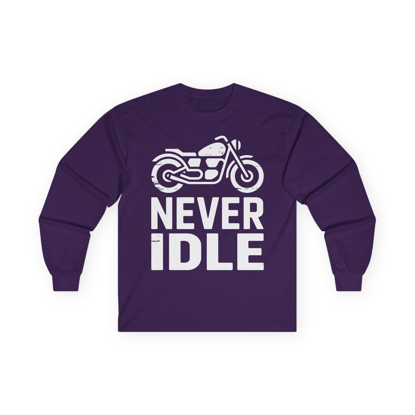 TEEZOCA motorcycle typography never idle long-sleeve tee Purple long-sleeve shirt with a motorcycle graphic and 'NEVER IDLE' text on a white background