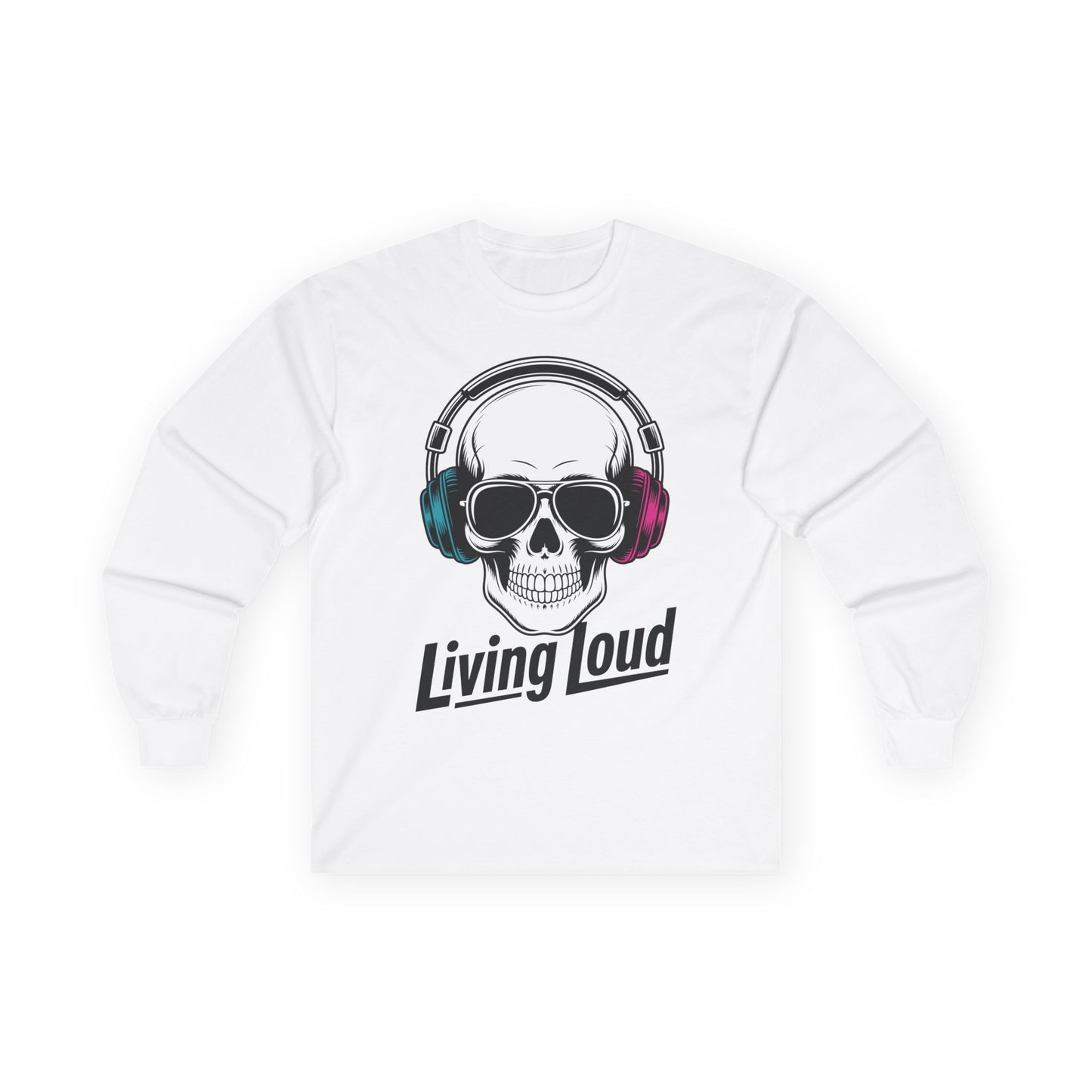 TEEZOCA music inspired skull artwork unisex long-sleeve t-shirt White sweatshirt with a skull wearing headphones and 'Living Loud' text on a white background