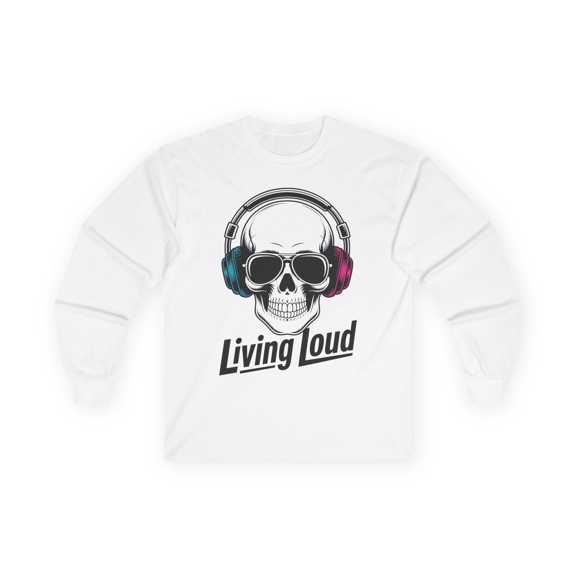 TEEZOCA music inspired skull artwork unisex long-sleeve t-shirt White sweatshirt with a skull wearing headphones and 'Living Loud' text on a white background