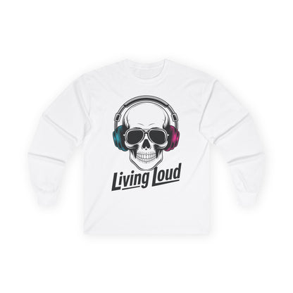 TEEZOCA music inspired skull artwork unisex long-sleeve t-shirt White sweatshirt with a skull wearing headphones and 'Living Loud' text on a white background