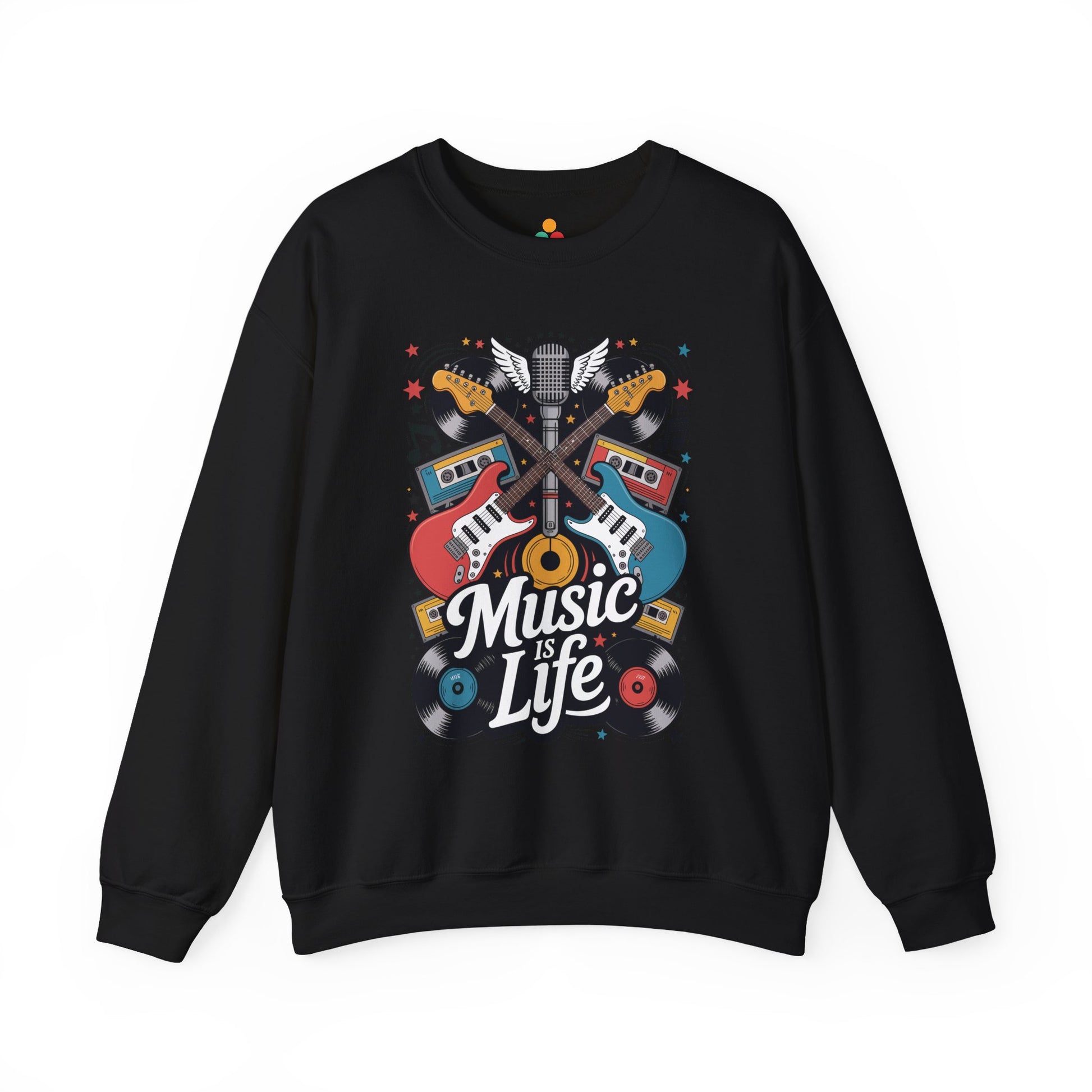 TEEZOCA music is life sweatshirt with guitars vinyl records and retro music design Black sweatshirt with 'Music is Life' graphic design on a white background