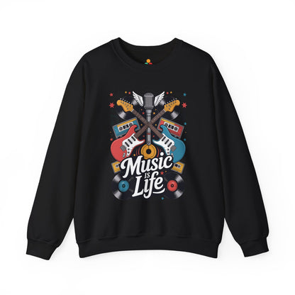 TEEZOCA music is life sweatshirt with guitars vinyl records and retro music design Black sweatshirt with 'Music is Life' graphic design on a white background