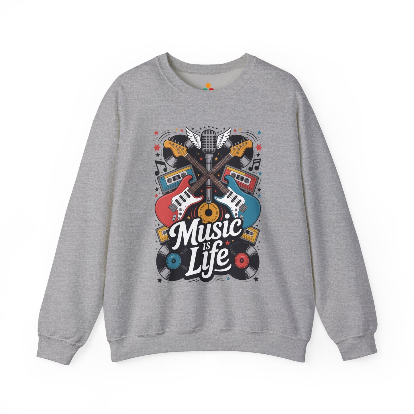 TEEZOCA music is life sweatshirt with guitars vinyl records and retro music design Gray sweatshirt with 'Music is Life' graphic design on a white background