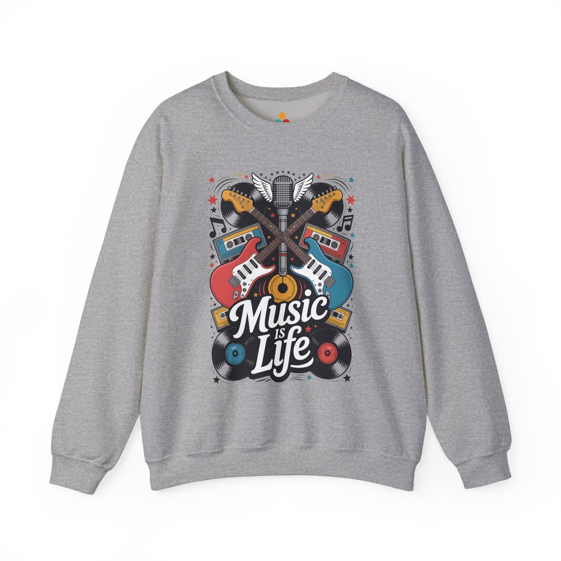 TEEZOCA music is life sweatshirt with guitars vinyl records and retro music design Gray sweatshirt with 'Music is Life' graphic design on a white background