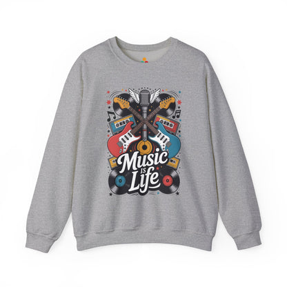 TEEZOCA music is life sweatshirt with guitars vinyl records and retro music design Gray sweatshirt with 'Music is Life' graphic design on a white background
