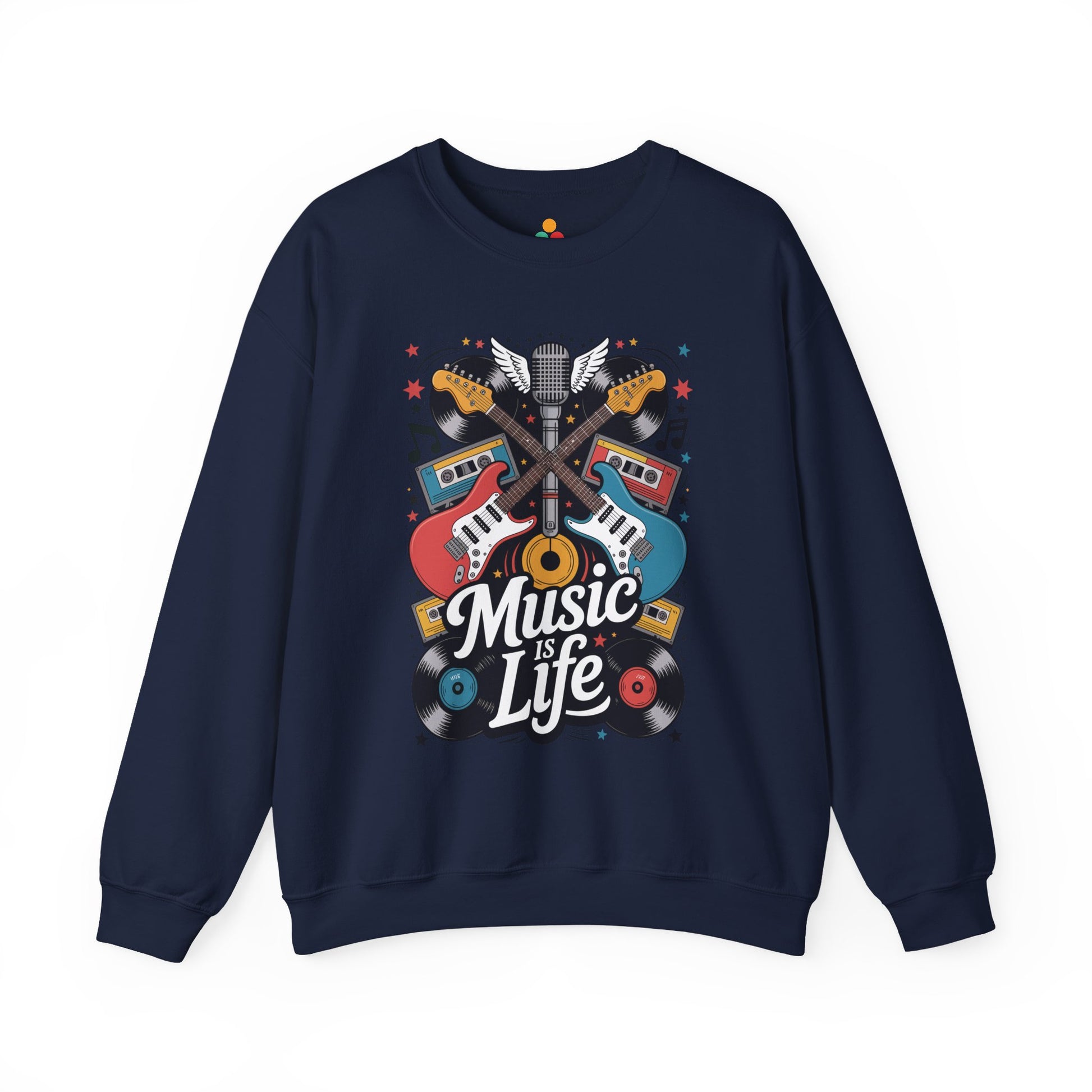TEEZOCA music is life sweatshirt with guitars vinyl records and retro music design Navy blue sweatshirt with 'Music is Life' graphic design on a white background
