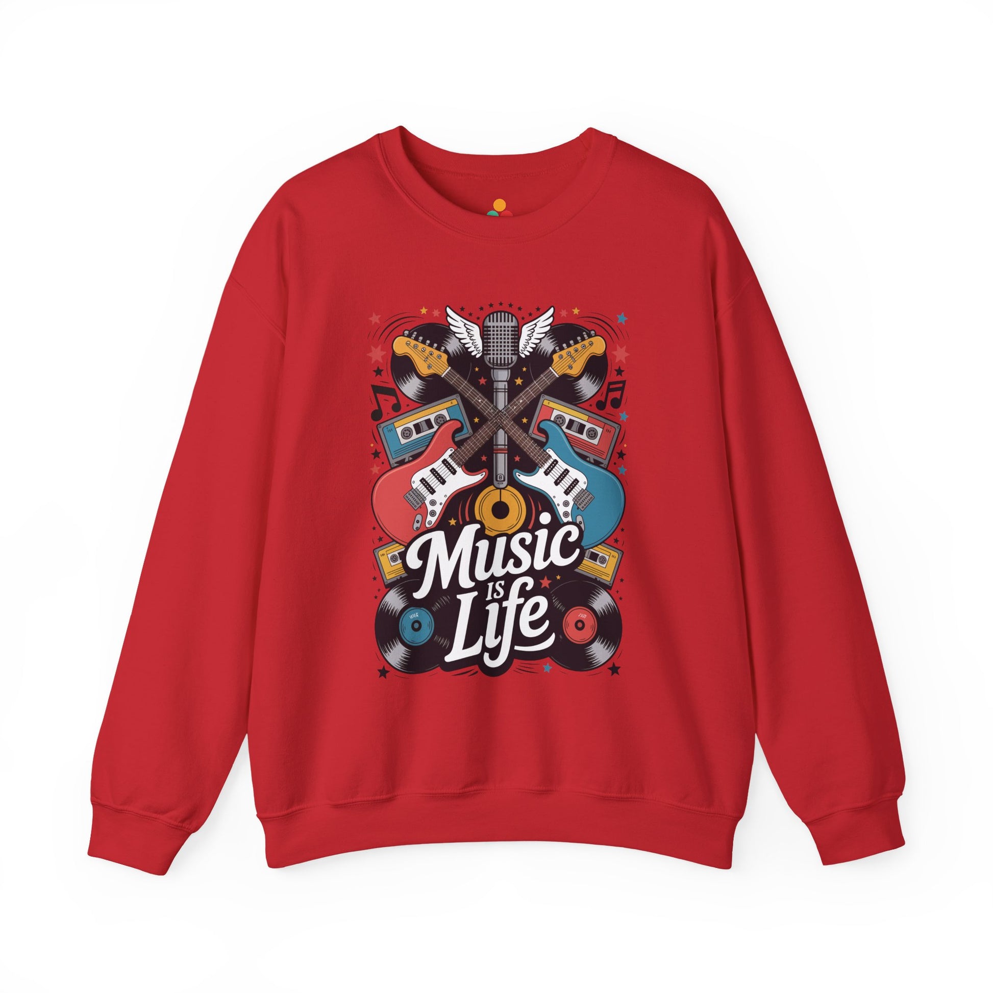 TEEZOCA music is life sweatshirt with guitars vinyl records and retro music design Red sweatshirt with 'Music is Life' design on a white background