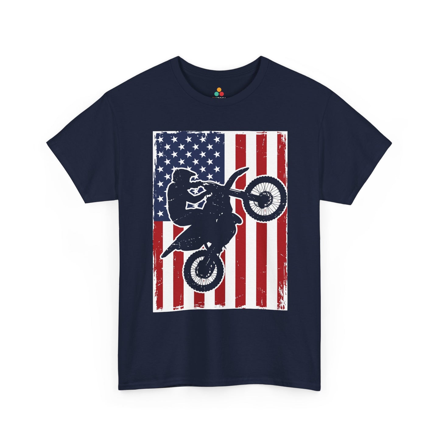 TEEZOCA mx shirt design with patriotic motocross artwork, grunge flag texture, and race-day rider appeal.
