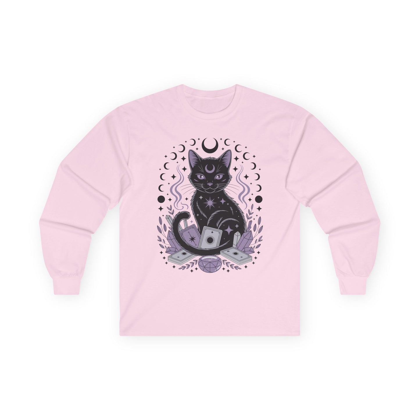 TEEZOCA mystic cat celestial tarot design printed on unisex long-sleeve t-shirt Pink sweatshirt with a black cat and moon design on a white background