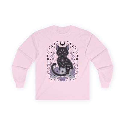 TEEZOCA mystic cat celestial tarot design printed on unisex long-sleeve t-shirt Pink sweatshirt with a black cat and moon design on a white background