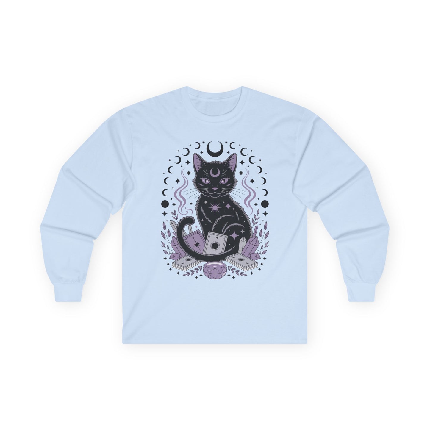 TEEZOCA mystic cat tarot artwork on unisex long-sleeve t-shirt Light blue sweatshirt with a black cat and moon design on a white background