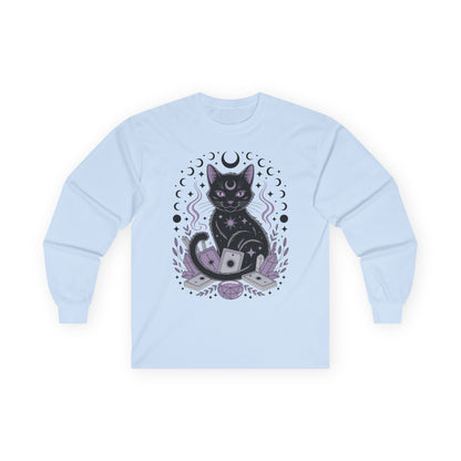 TEEZOCA mystic cat tarot artwork on unisex long-sleeve t-shirt Light blue sweatshirt with a black cat and moon design on a white background