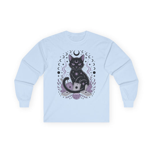 TEEZOCA mystic cat tarot artwork on unisex long-sleeve t-shirt Light blue sweatshirt with a black cat and moon design on a white background