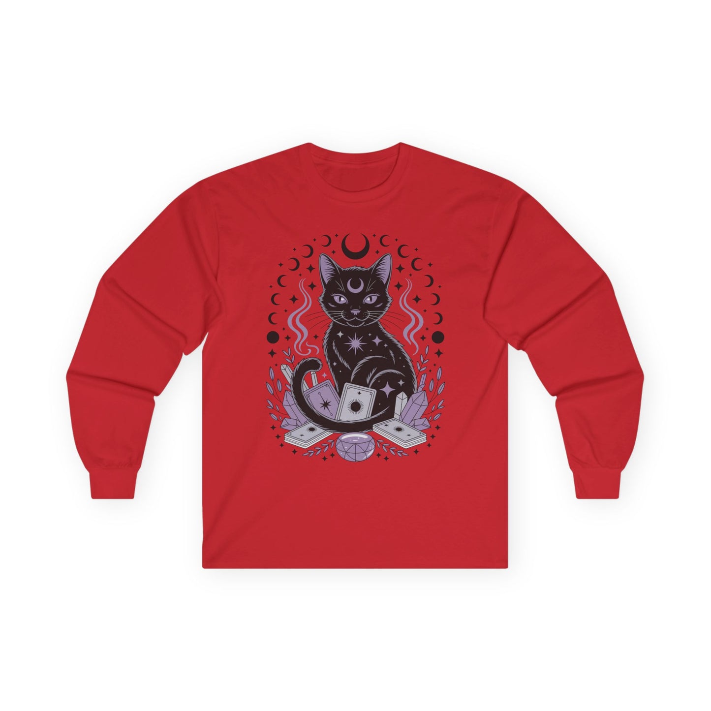 TEEZOCA mystic cat tarot artwork on unisex long-sleeve t-shirt Red long-sleeve shirt with a black cat and mystical design on a white background
