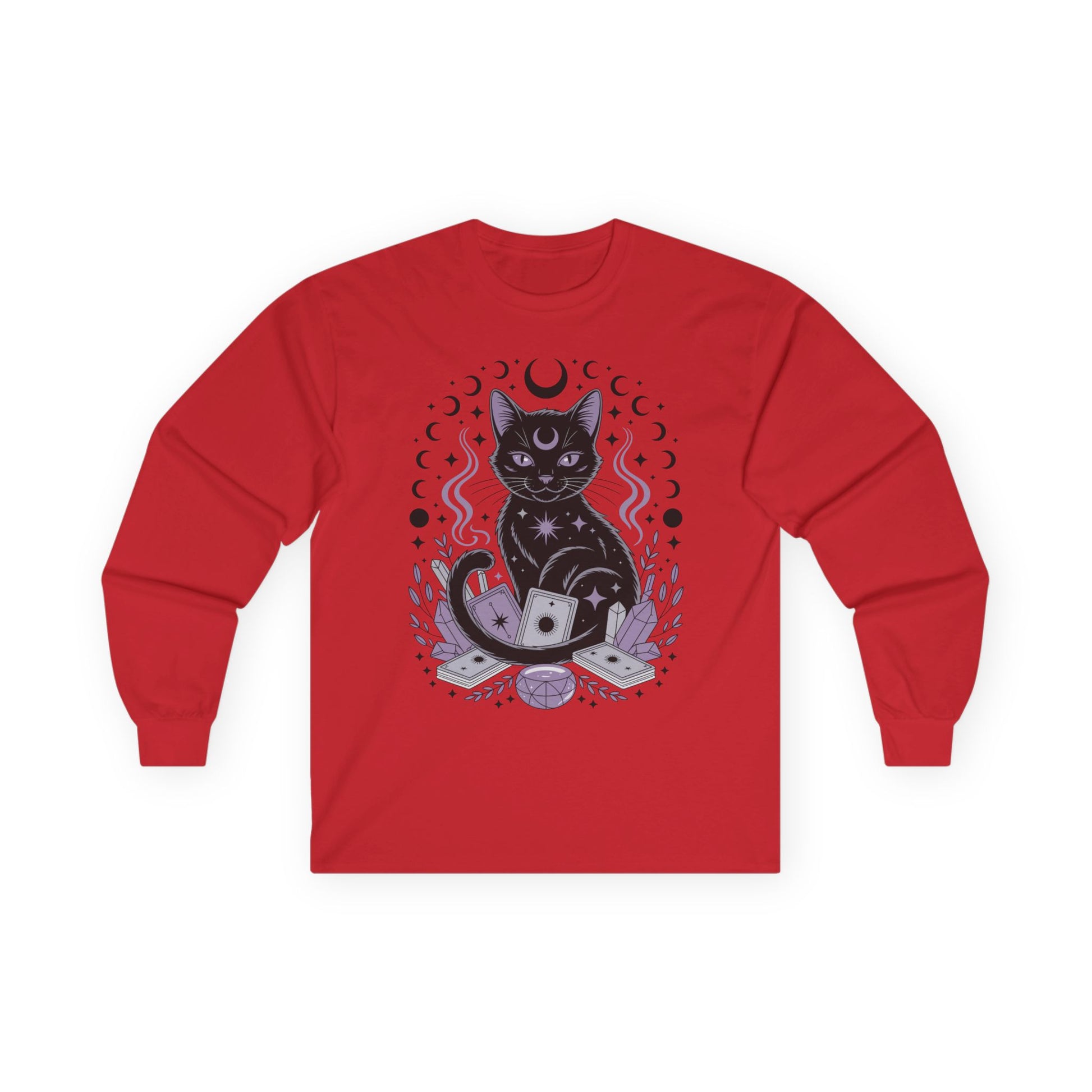 TEEZOCA mystic cat tarot artwork on unisex long-sleeve t-shirt Red long-sleeve shirt with a black cat and mystical design on a white background