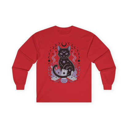 TEEZOCA mystic cat tarot artwork on unisex long-sleeve t-shirt Red long-sleeve shirt with a black cat and mystical design on a white background