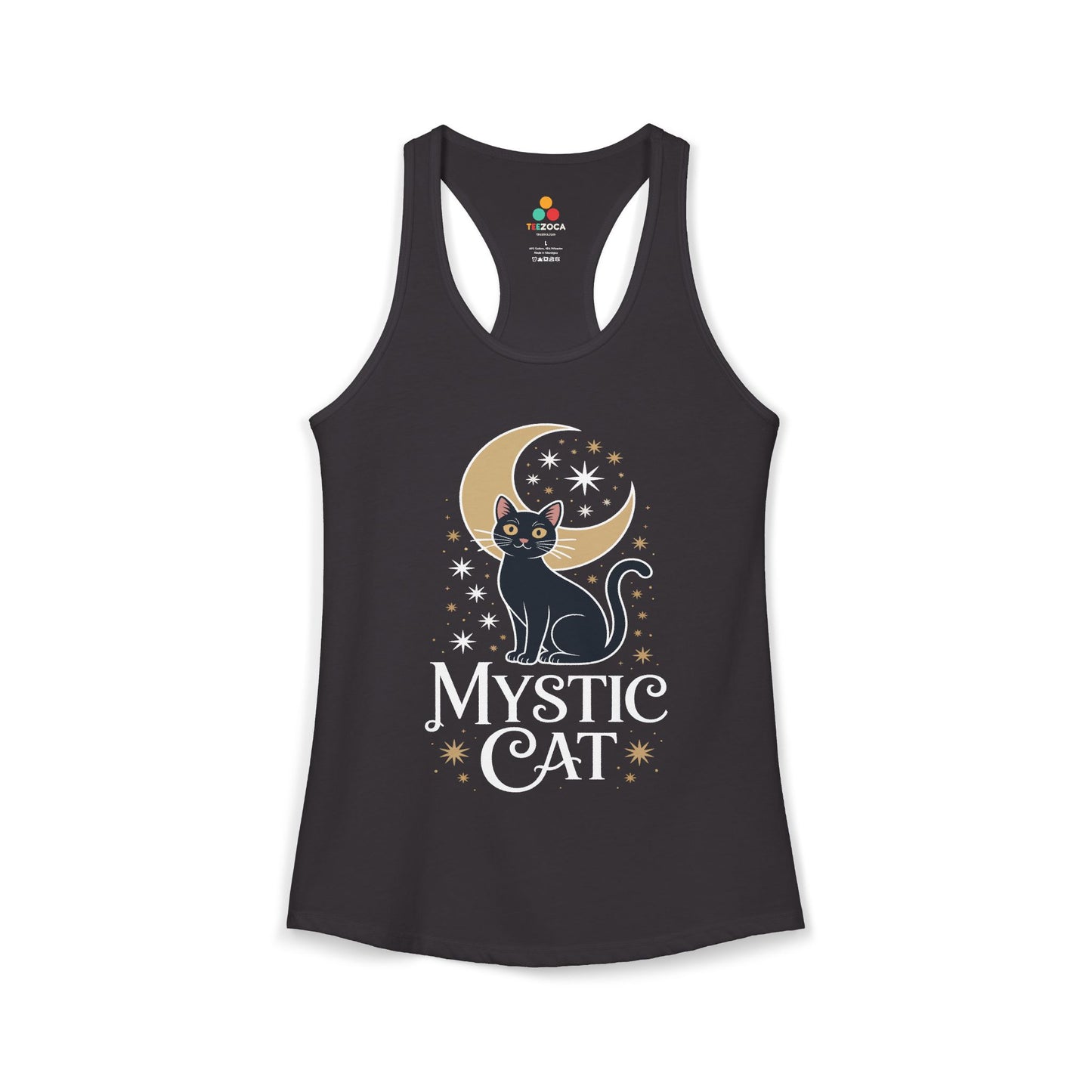 TEEZOCA mystic cat women’s tank top with moon and star celestial design Black tank top with a cat and moon design on a white background