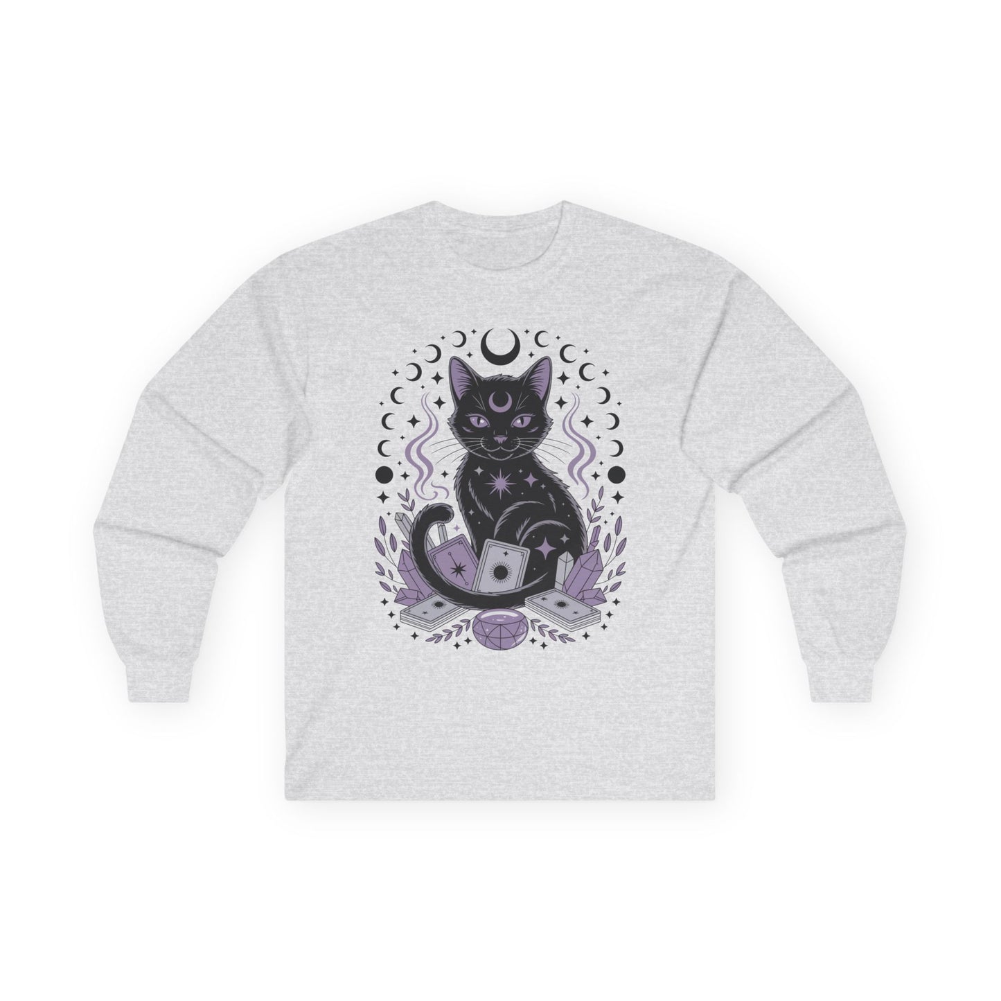 TEEZOCA mystical black cat tarot illustration on unisex long-sleeve t-shirt Gray sweatshirt with a black cat and moon design on a white background