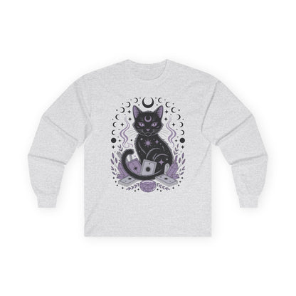 TEEZOCA mystical black cat tarot illustration on unisex long-sleeve t-shirt Gray sweatshirt with a black cat and moon design on a white background