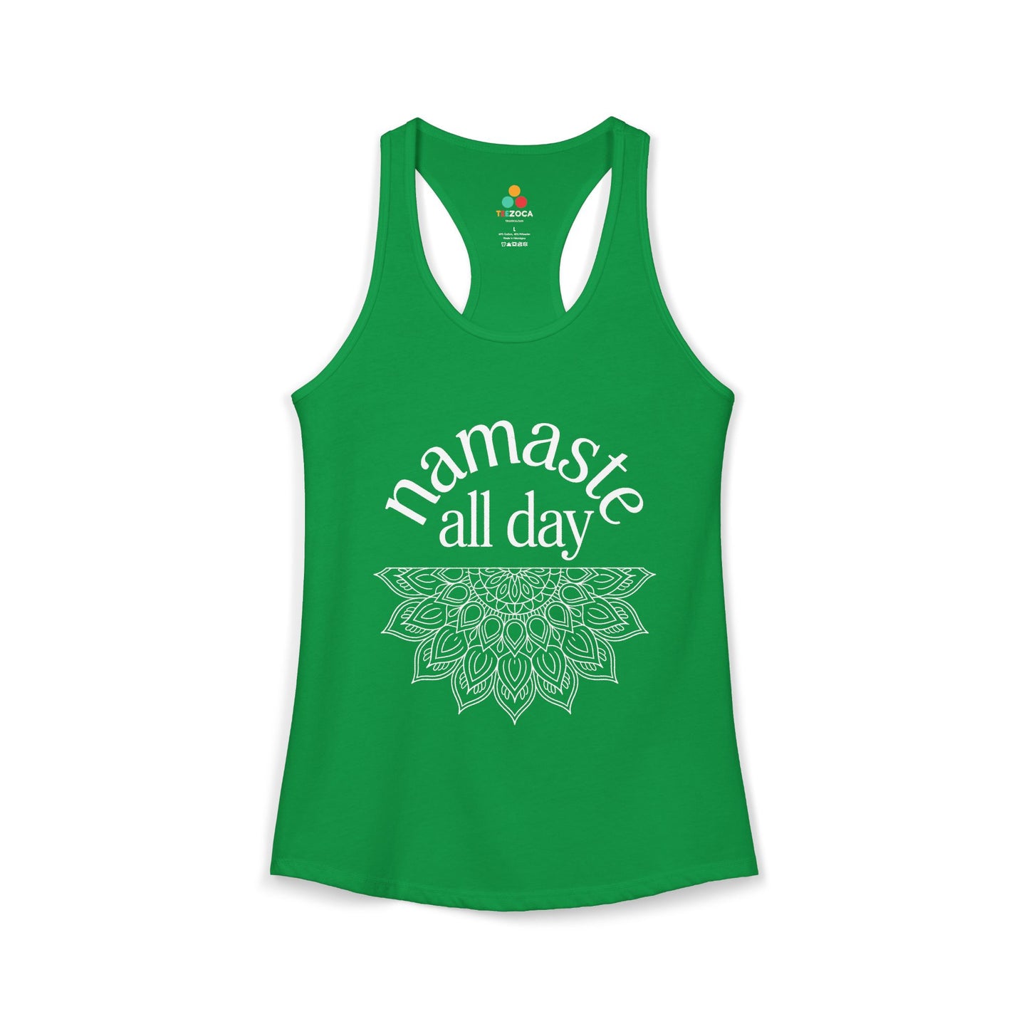 TEEZOCA namaste all day women’s tank top spiritual design Green tank top with 'namaste all day' text and mandala design on a white background