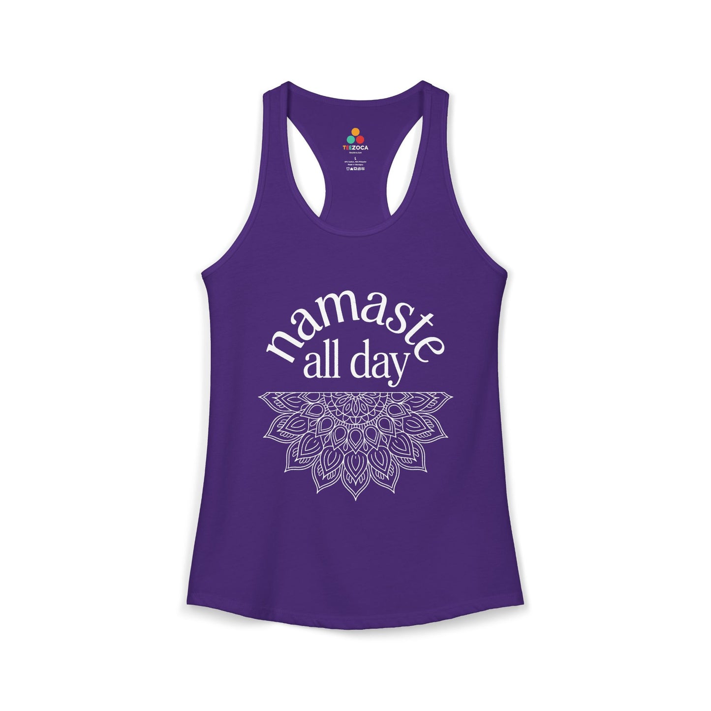 TEEZOCA namaste all day women’s tank top spiritual design Purple tank top with 'namaste all day' text and mandala design on a white background