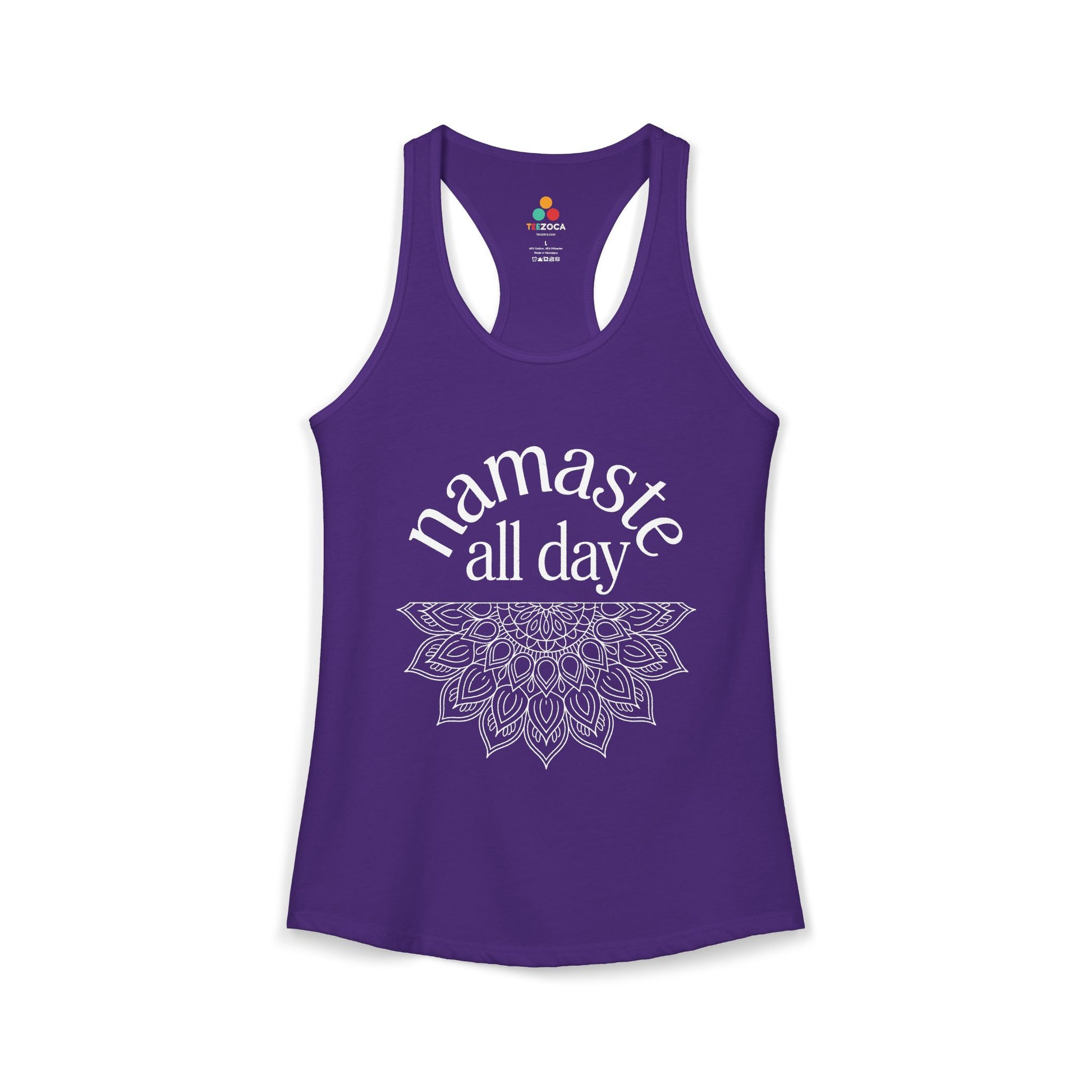 TEEZOCA namaste all day women’s tank top spiritual design Purple tank top with 'namaste all day' text and mandala design on a white background