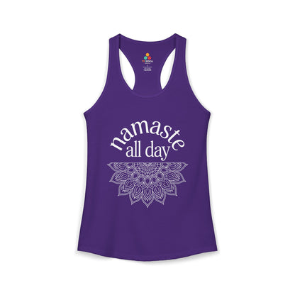 TEEZOCA namaste all day women’s tank top spiritual design Purple tank top with 'namaste all day' text and mandala design on a white background