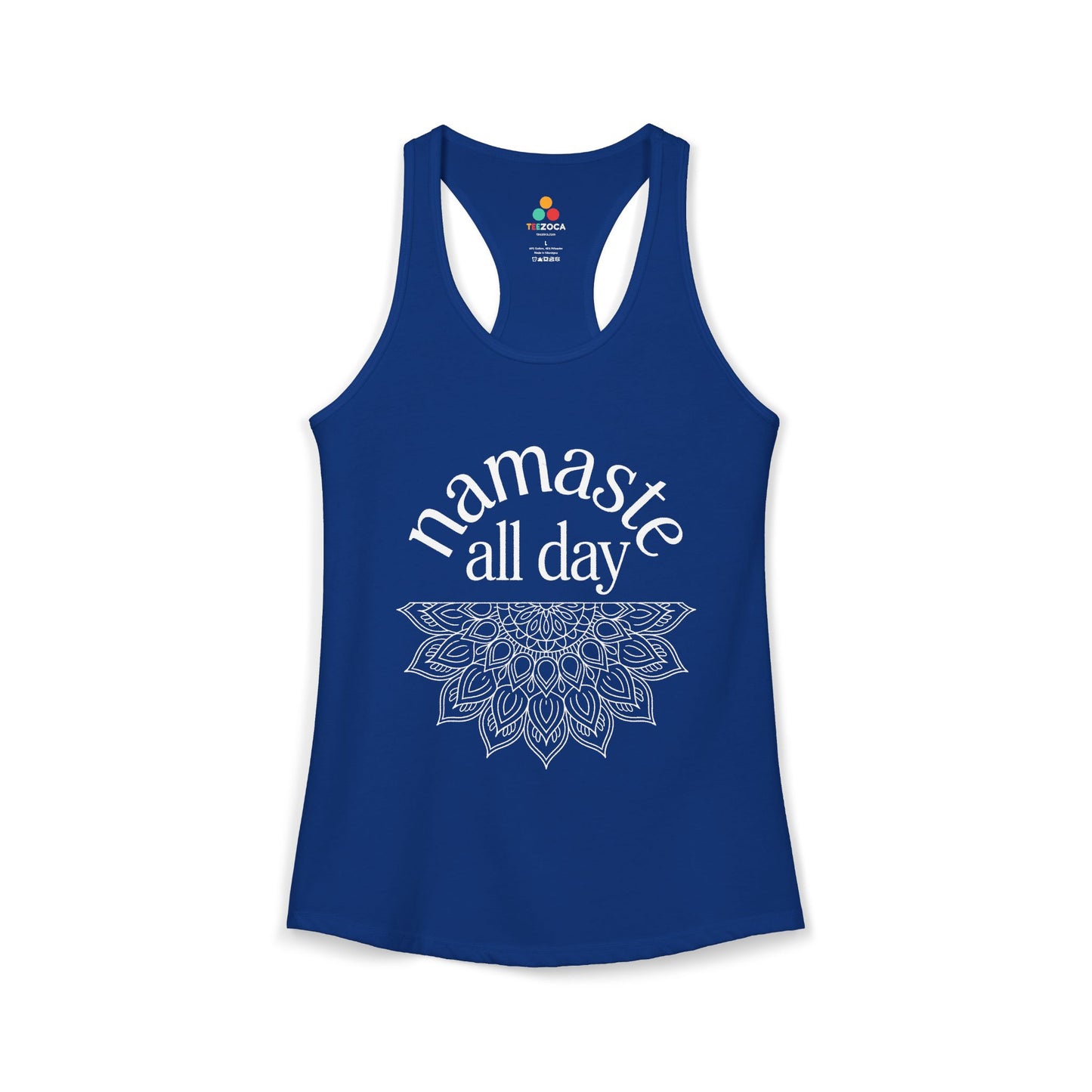 TEEZOCA namaste all day women’s tank top yoga mandala design Blue tank top with 'namaste all day' text and mandala design on a white background