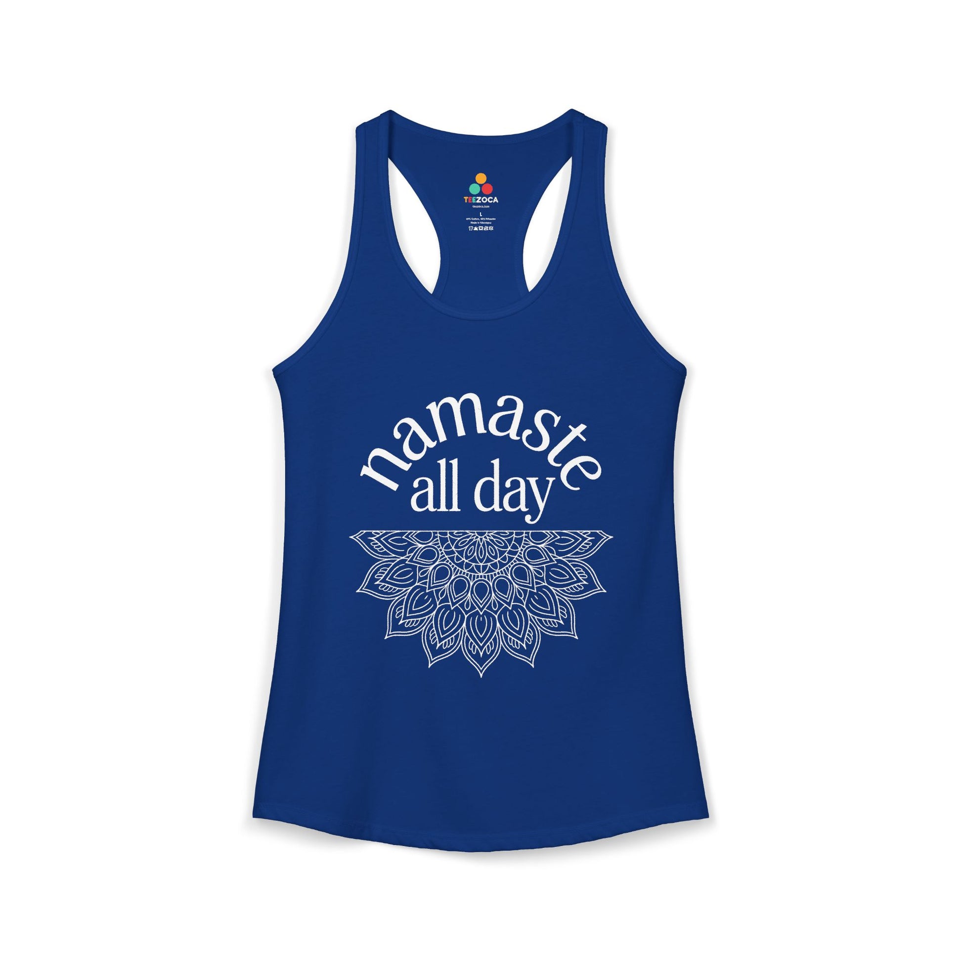 TEEZOCA namaste all day women’s tank top yoga mandala design Blue tank top with 'namaste all day' text and mandala design on a white background