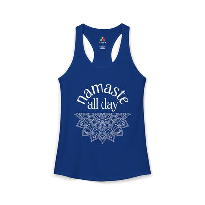 TEEZOCA namaste all day women’s tank top yoga mandala design Blue tank top with 'namaste all day' text and mandala design on a white background
