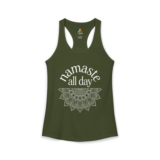 TEEZOCA namaste all day women’s tank top yoga mandala design Green tank top with 'namaste all day' text and mandala design on a white background